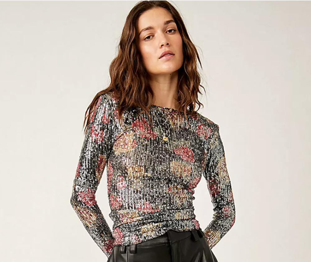 Free People Printed Gold Rush Top Womens Medium Long Sleeve Floral Sequins Party